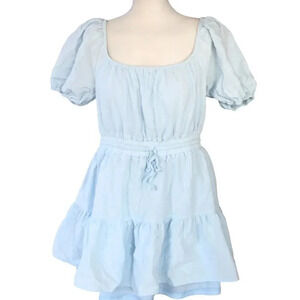 Lulus Baby Blue Babydoll Puff Sleeves Cocktail Dress Deep V Size large Harajuku